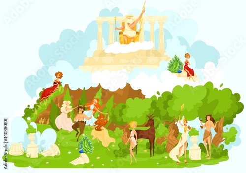 Greek mytholgy, ancient gods cartoon mythological olympic gods symbolizing the favor and protection flat vector illustration. Artemis, Poseidon, Aphrodite, Hera, Apollo, Zeus, Athena greek gods.