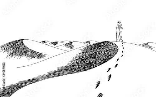 Human walking in the desert graphic black white landscape sketch illustration vector