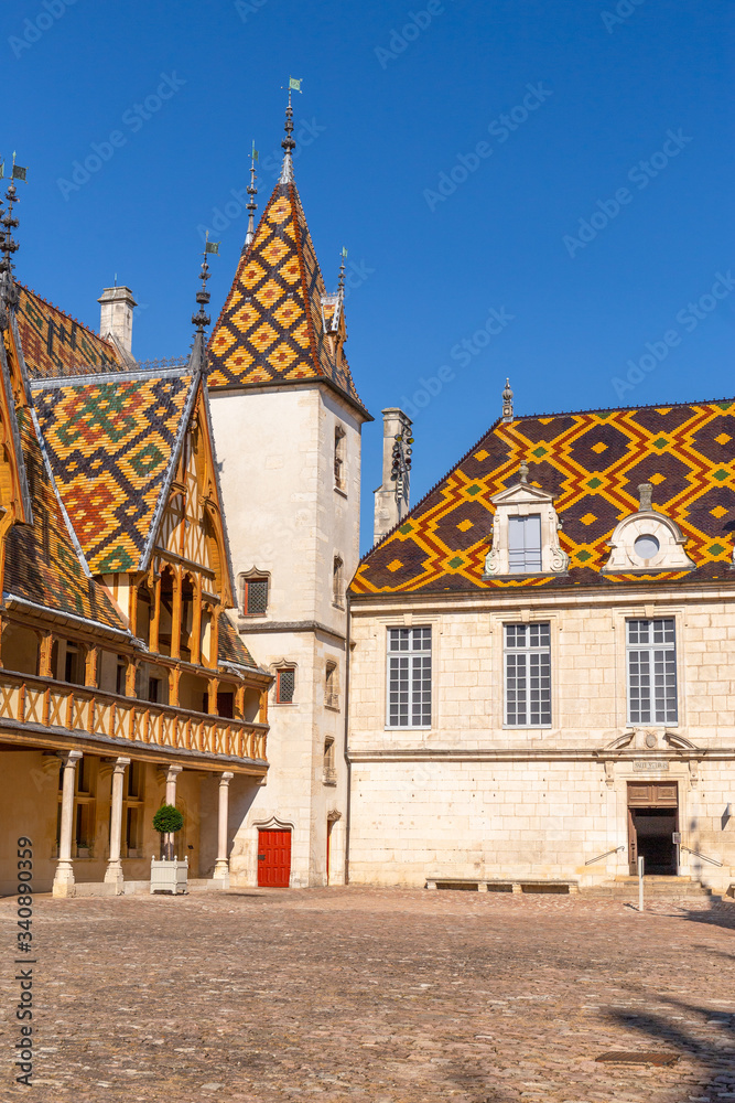 19 September 2019. Courtyard of Hotel Dieu or Hospice de Beaune, in Burgundy region, France..