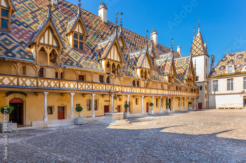19 September 2019. Courtyard of Hotel Dieu or Hospice de Beaune, in Burgundy region, France..