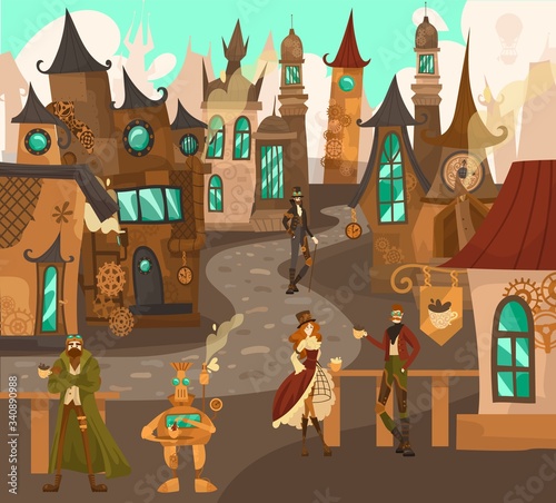Steampunk technology characters in fairytale town with old european architecture houses, fantasy castles history of Europe cartoon vector illustration. Old steampunk town and pedestrians on streets.