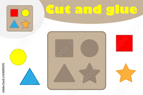 Shape puzzle in cartoon style, education game for the development of preschool children, use scissors and glue to create the applique, cut parts of the image and glue on the paper, vector illustration