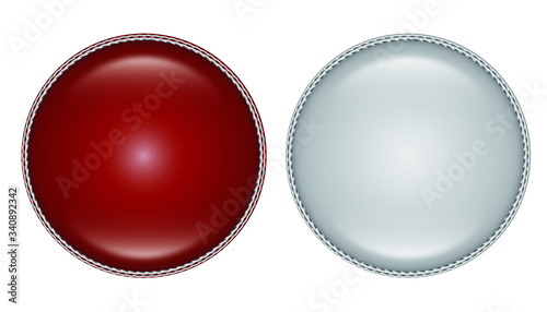 A vector illustration of the side view of red and white cricket ball with a white stitched seam on an isolated background