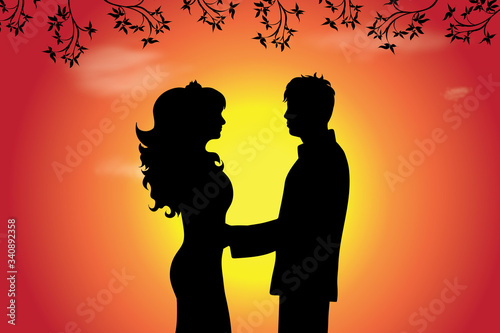 Vector silhouette of wedding couple at sunset. Symbol of nature.