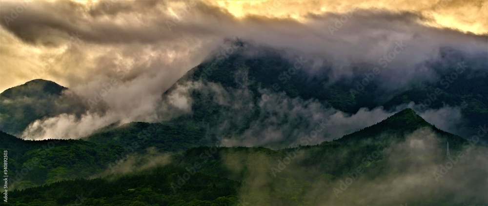 Mountains covered with fog and clouds. Yakushima Island, Yakushima, Kagoshima, Japan
