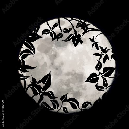 Vector silhouette of leaves with moon background. Symbol of night.