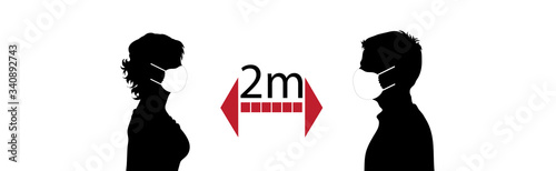 Vector silhouette of keep distance with couple with medical mask.