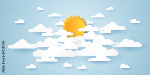 Cloudscape, blue sky with clouds and bright sun, paper art style