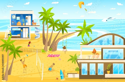 Family on beach vacation on tropical resort cartoon vector illustration with children playing with ball and water gun, building sand castles. Leisure on seacoast for family in beach hotel.