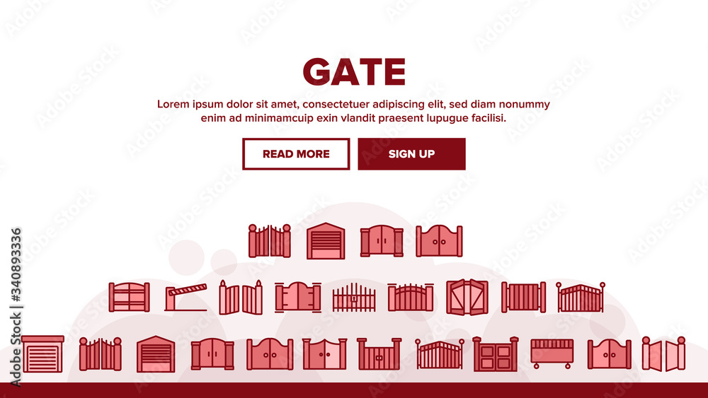 Naklejka premium Brama wejście narzędzie Landing strona sieci Web nagłówek szablon transparent wektor. Garaż i bariera parkingowa, ilustracje do bramy rezydencji z materiałów metalowych