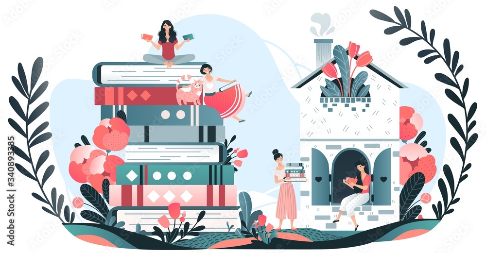 Girls reading books, lovers to read, knowledge and education, stacks of giant books, plants and flowers and readers cartoon vector illustration. Book store or library with literature for women.