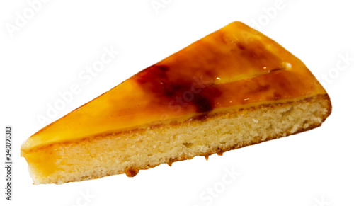 Piece of tasty Catalan cream pie closeup