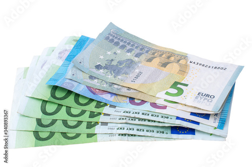 Euro Banknotes isolated white background, money concept