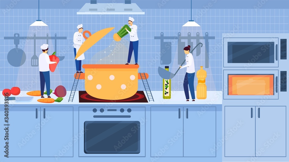 Cozy kitchen interior with chefs little people cook soup in cooker on stove, vegetables, cartoon vector illustration. Kitchen home interior and people cooking dinner, oil, products.