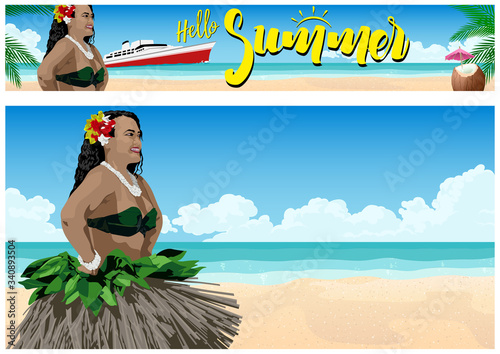 Summer Paradise on the Beach Background and Banner - Illustrated Composition on the Tropical Coast with Polynesian Woman Dancer, Vector Graphic