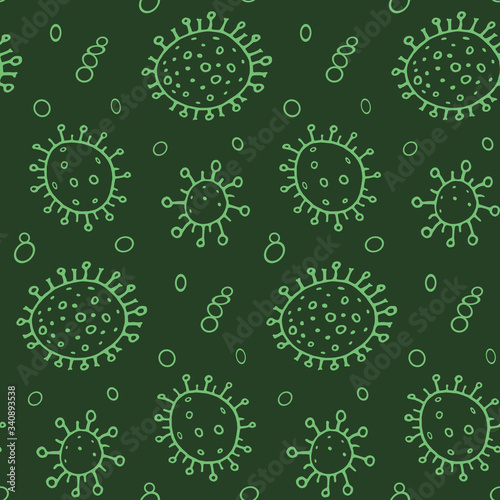 Seamless pattern bacterium virus vector illustration. Stop COVID-19. Outline doodle color background  texture