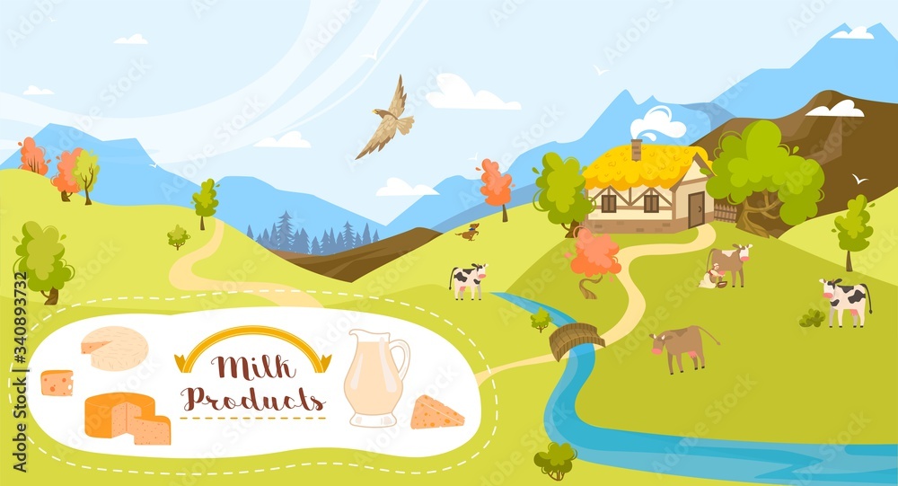 Organic milk and dairy products from farm, cows in field green grass and eco farming agriculture cartoon vector illustration. Milk and dairy products icons for web and graphic design.