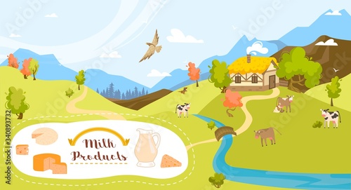 Organic milk and dairy products from farm, cows in field green grass and eco farming agriculture cartoon vector illustration. Milk and dairy products icons for web and graphic design.
