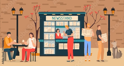 Business news media with people at newsstand reading morning newspapers information press reports flat vector illustration. Newsletter and information. Business and market news. Financial report.