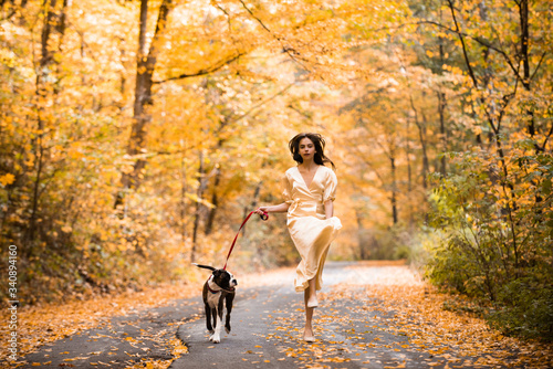 Autumn forest. Woman with dog is running over a forest road. Cheerful happy young beautiful girl. Beautiful woman walking with her dog in the forest. Isolated on nature. © Volodymyr