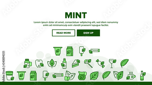 Mint Refreshing Leaf Landing Web Page Header Banner Template Vector. Mint Drink And And Cake, Ice Cream And Bubble Gum, Tea And Cocktail, Candy And Water Illustrations