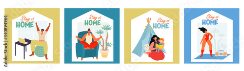 People at home practicing social distancing. Vector social illustration during a pandemic virus. Stay home, save lives.