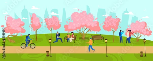 People walk in park spring time, blooming trees outdoor nature, happy family with kids, relaxation vector illustration. City park activities, leisure, young people taking pictures and bicycling.