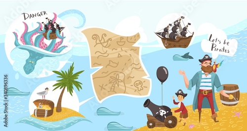 Pirate party for kids, games on piratical ship, buccaneers cartoon characters flat vector illustration, treasure map, sea island adventure. Pirate kids party with sailor, captain, black sail, skull.