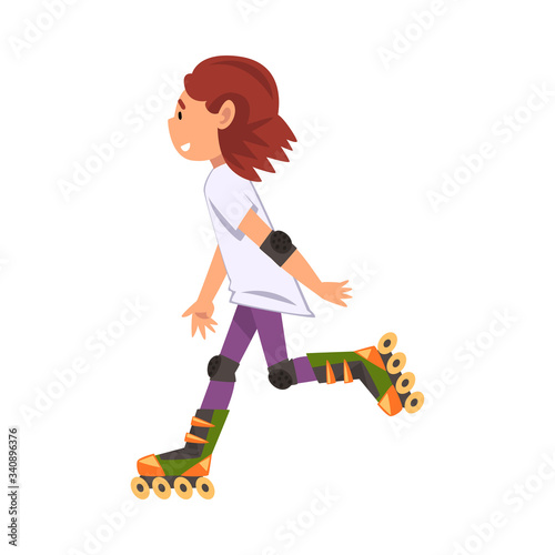 Rollerblading Teen Girl, Cute Child Roller Skating, Teenager Outdoor Activity Cartoon Vector Illustration
