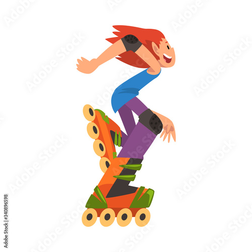 Rollerblading Girl, Happy Teenager Roller Skating, Child Outdoor Activity Cartoon Vector Illustration