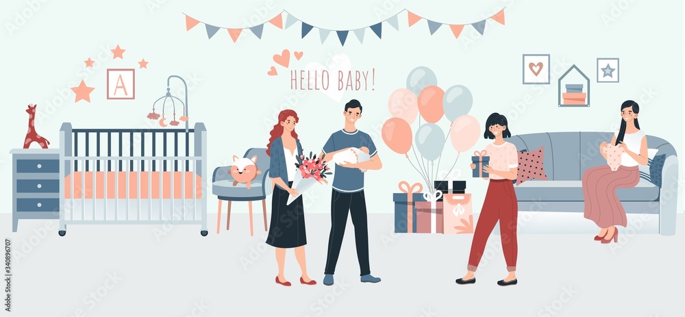 Pregnancy and parenthood newborn baby birth with parents holding newborn, young family in kids room and guests with gifts cartoon vector illustration. Baby shower after birth and pregnancy.