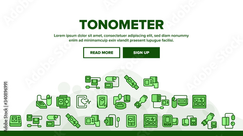 Tonometer Equipment Landing Web Page Header Banner Template Vector. Tonometer Medical Device For Measuring Blood Pressure, Mechanical And Electronic Tool Illustrations