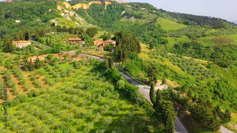 Aerial flyover the beautiful sunset landscape in Tuscany, Italy. Aerial flyover the beautiful sunset landscape in Tuscany, Italy.