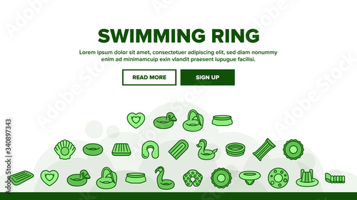 Swimming Ring And Pool Mattress Landing Web Page Header Banner Template Vector. Swimming Ring In Different Form  Duck And Donut  Heart And Shell  Horse And Flamingo Illustrations