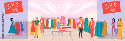 Shopping mall with shops, female cloths store sales and boutique room interior fashion customers happy women shopaholic cartoon vector illustration. Mall retail purchase for shoppers people.