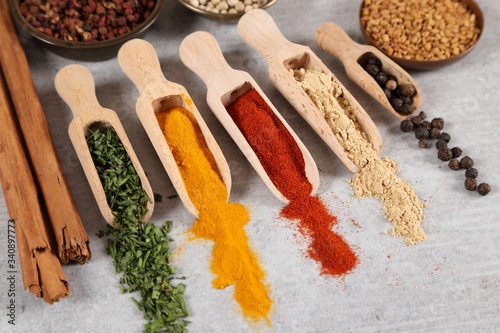 Spices in wooden spoon.