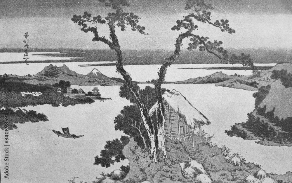 Thirty-six Views of Mount Fuji by a japanese painter Katsushika Hokusai in the old book the History of Painting, by R. Muter, 1887, St. Petersburg
