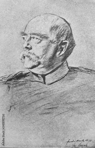 The Otto von Bismarck's portrait by a painter Franz von Lenbach in the old book the History of Painting, by R. Muter, 1887, St. Petersburg