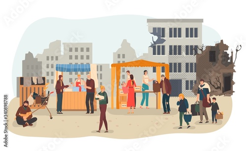 Volunteers help people after disaster, war or earthquake with food, cloths charity, social volunteering flat vector illustration, assistance for homeless. Support for homeless, voluntary philantropy.