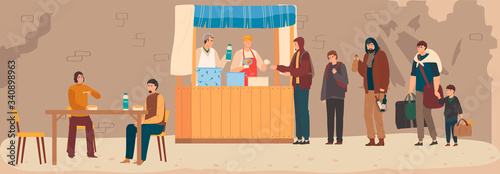 Volunteers help poor people, charity, social volunteering projects flat vector illustration. Assistance for unemployed, disabled, elderly with food in charitable canteen. Support for homeless