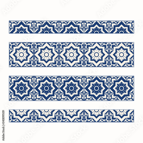 Tile border pattern vector seamless. Blue and white mosaic ornament texture. Portuguese azulejos, sicily italian majolica, mexican talavera, spanish, moroccan arabesque motifs.