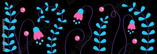 Flower set line. Bluebell, bell, grass, fern, berry. Cute garden growing plant. Purple, violet, pink, blue ultraviolet neon glowing color. Flat design. Black background.