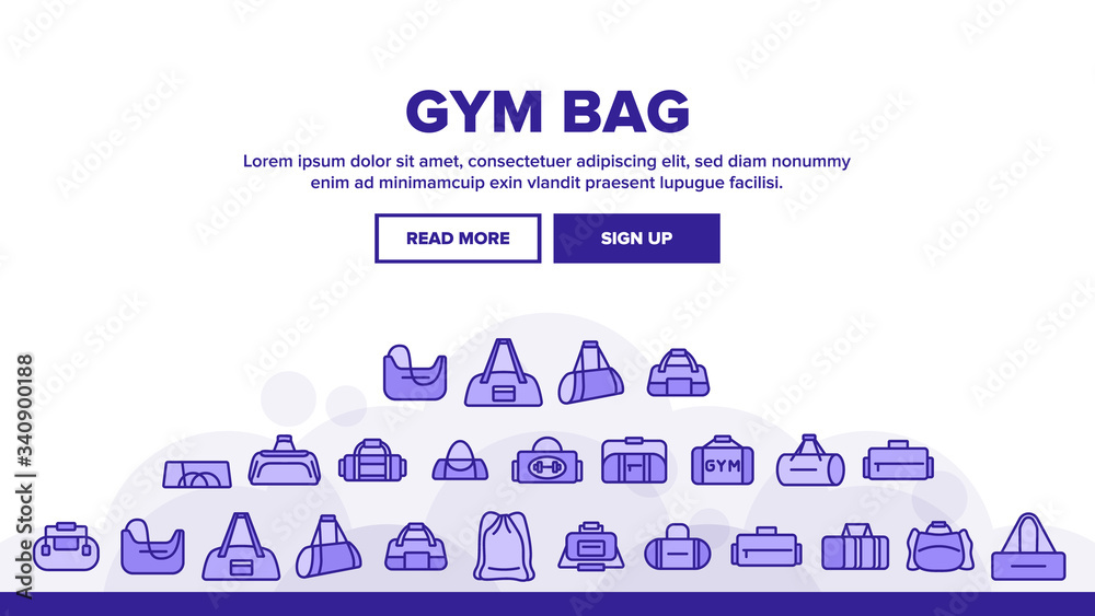 Gym Bag Accessory Landing Web Page Header Banner Template Vector Gym Bag For Sportive Suit And Shoes, Handbag For Fitness Sport Activity Clothes. Illustrations