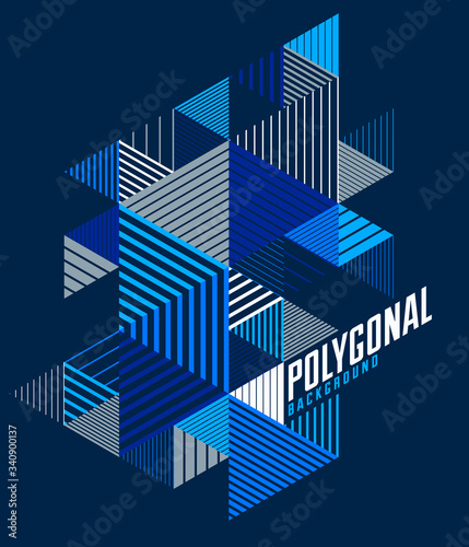 Abstract polygonal background with stripy triangles and 3D cubes vector design. Template for different advertising or covers or banners. Retro style graphic element.