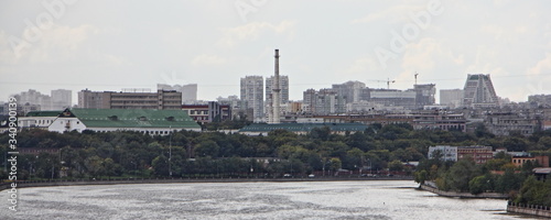 Moscow, Russia, Panorama top view on Moscow river and Nagatino area from Nagatinsky metro bridge at summer cloudy day