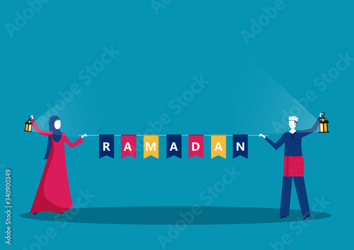 Happy Young Muslim  with Ramadan Kareem  Happy Ramadan Text vector.
