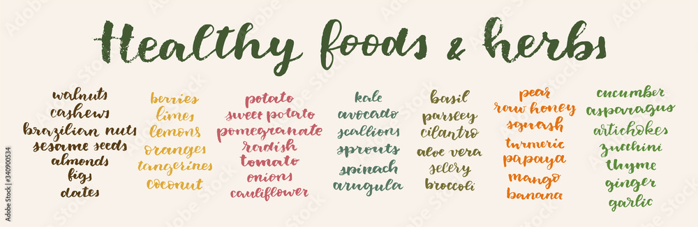 Healthy Foods and Herbs calligrafic set. Vector hand lettered healthy nutrition ingredient list. Healing diet plan example. Natural anti-inflammation foods lettering. Organic restaurant menu template