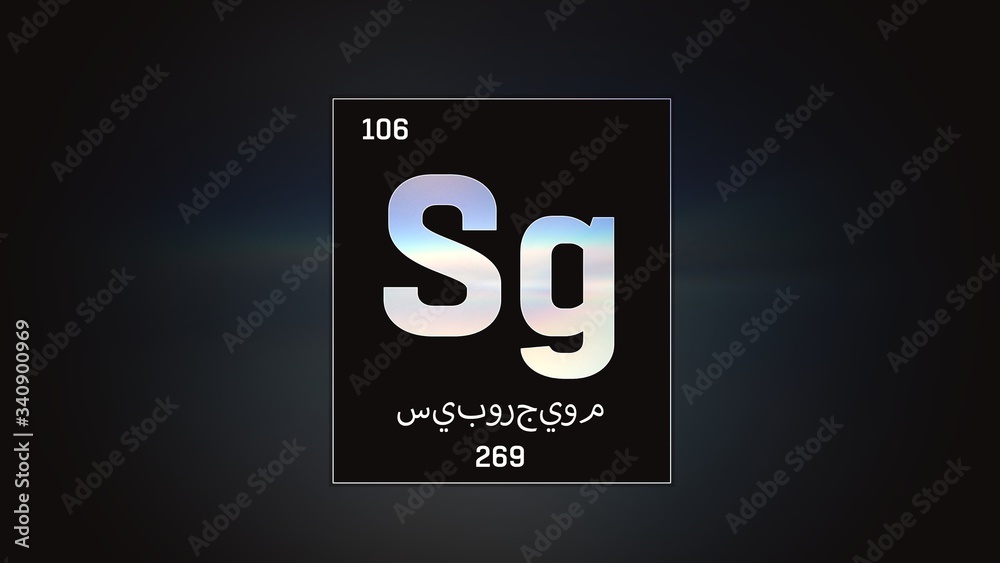 3D illustration of Seaborgium as Element 106 of the Periodic Table. Grey illuminated atom design background with orbiting electrons name atomic weight element number in Arabic language 3D illustration of Seaborgium as Element 106 of the Periodic Table. Grey illuminated atom design background with orbiting electrons name atomic weight element number in Arabic language