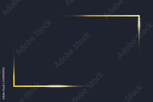 Transparent gold frame angles. Golden frame elements on dark blue background. Rectangle corners of border with glow shine and light effect. Vector illustration.