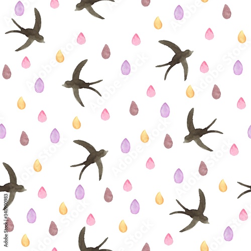 Seamless pattern with flying swallow in rainbow drops. Rain pastel colors. Modern illustration on a white background. Design for children's textiles, decor for a children's room, children's decora